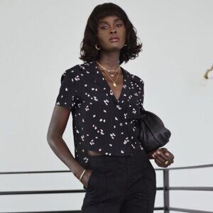 Thakoon Shirt Button Down Cropped Short Sleeve BP Black Daisy Blouse Casual